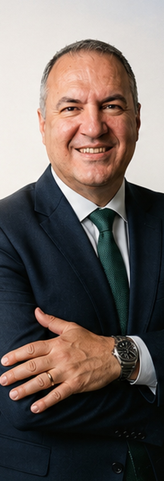 Dr. Jefferson Poli, braços cruzados, terno e gravata verde — composição do folder oficial